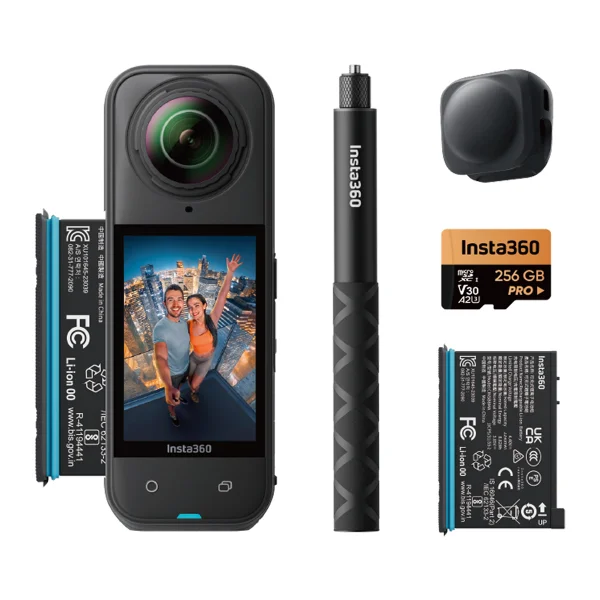 Insta360 X5 8K 360 degree action camera with dual 1/1.28 inch sensors, waterproof design, and full bundle accessories including selfie stick, batteries, lens cap, and 256GB SD card.